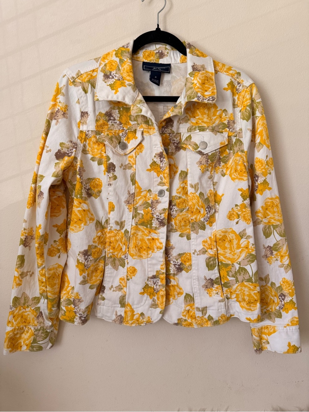 Charter Club White Denim Jacket with Yellow Floral Print